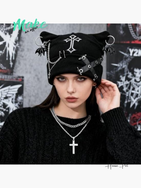 Goth Knitted Beanie with Cat Ears, Fingerless Gloves, and Necklaces Set main image 6